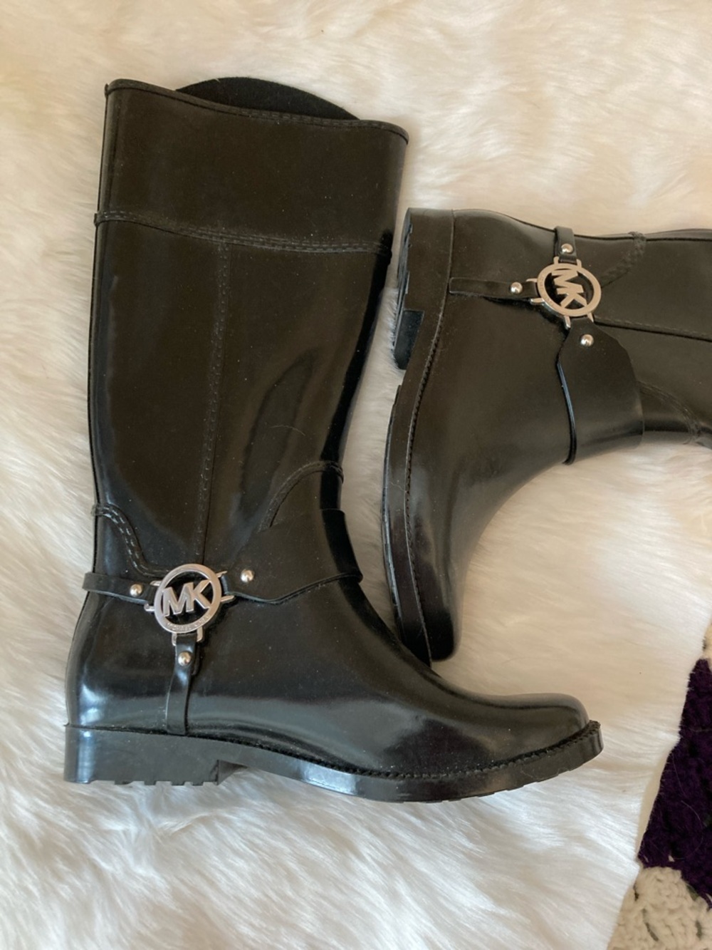 Michael Kors Black Glossy Rain Boots with Silver MK Charm